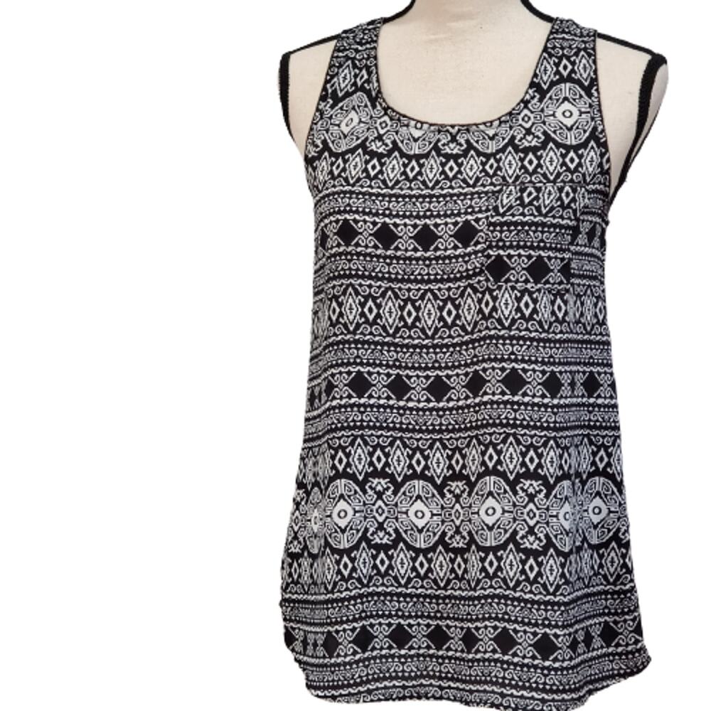 Solange Black & White Racerback Tank with Pocket Embellished Trim Top S/M
